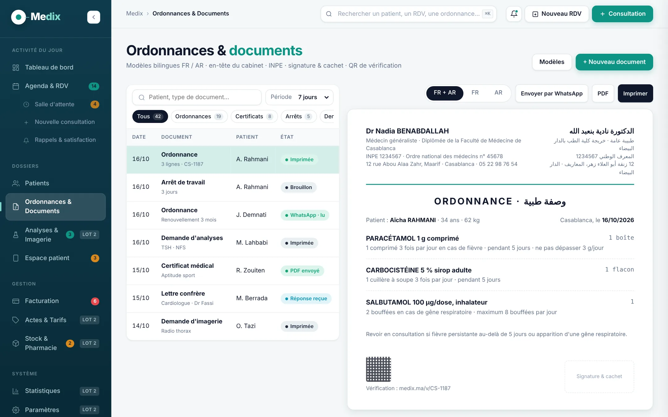 Ordonnances et documents Medix : liste des documents et aperçu d'un certificat médical