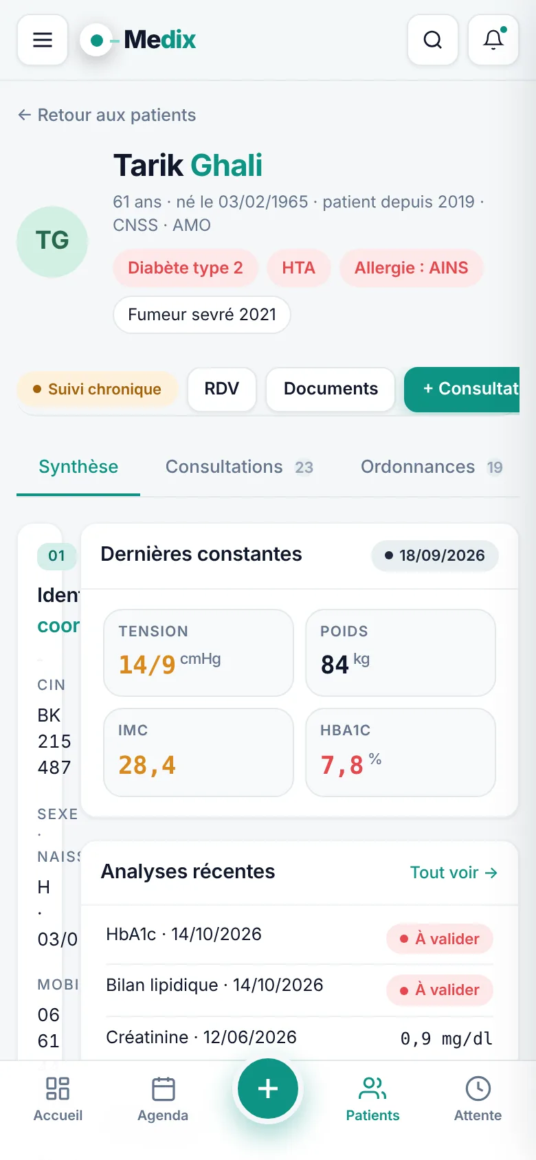 Dossier patient Medix sur mobile